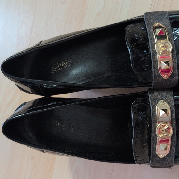 MICHAEL Michael Kors Black Patent Leather Loafers with Gold Accents - Picture 3 of 7